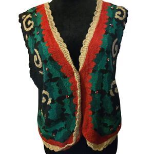 VTG Norton McNaughton Womens M Christmas Sweater Vest Button Beaded Grandma